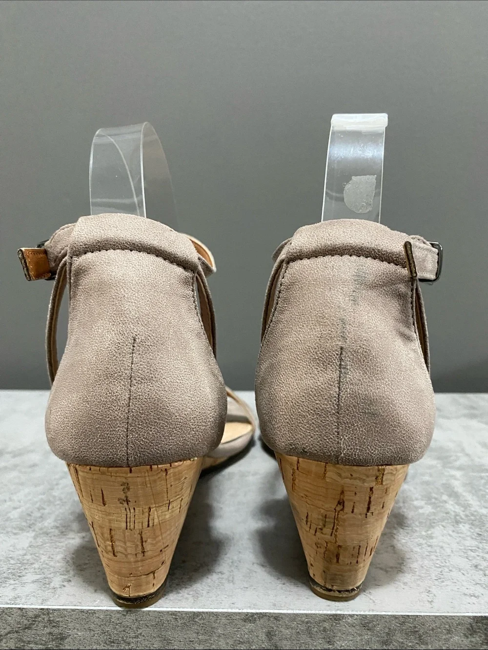 Mi.iM Women's Leather Taupe Wedge Sandals with Ankle Strap Size 6